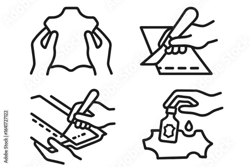 Leatherworking process icons. Set of outline vector illustrations showing hands crafting with leather. Includes cutting, stitching, dyeing hide. Handmade craft, DIY workshop.