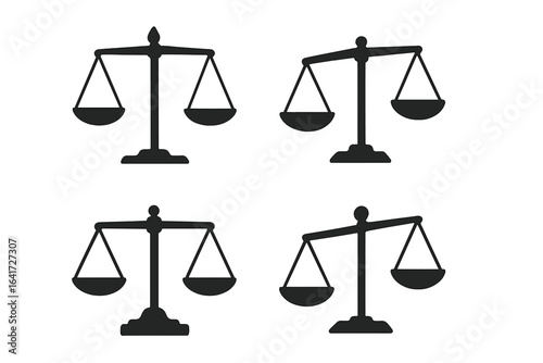 Set of 4 Black Silhouetted Scales Icons, Libra Symbols, Justice Concepts, Balanced and Imbalanced Scales Vector Illustrations for Legal and Financial Themes