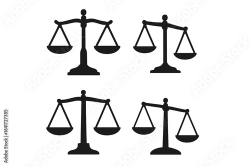 Set of 4 Scales Icons, Libra Symbols, Balance and Imbalance Concepts, Black Vector Justice Scales, Weighing Scale Illustrations, Law, Fairness, Equality