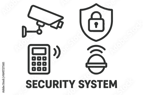 Security System Vector Illustration with CCTV Camera, Shield Lock, Wireless Keypad, and Alarm Sensor on Transparent Background for Safety and Protection Design