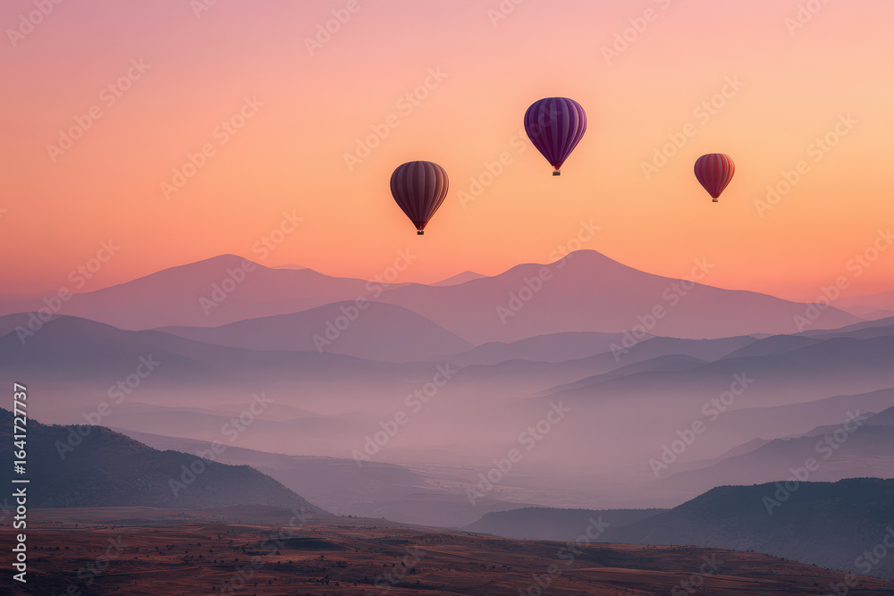 Fototapeta premium breathtaking sunset over stunning landscapes of turkey adorned with colorful hot air balloons