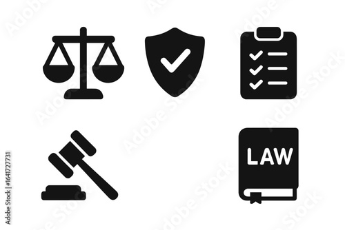 Compliance and ethics vector icon set. Law and justice solid glyph symbols with balance scale, protection shield, policy checklist, judge gavel, and constitution book.