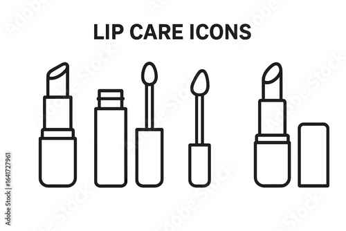 Lip care icons set. Outline collection of cosmetic products. Lipstick tube, lip gloss with applicator wand. Beauty and makeup symbols for skincare and glamour. Vector design.