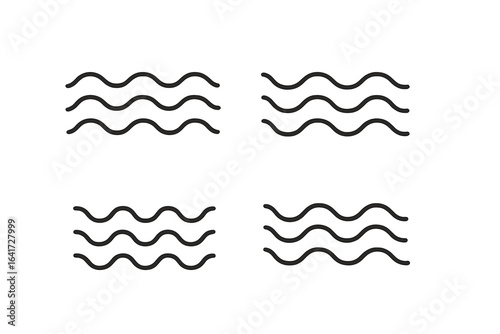 Set of 4 Line Water Waves Icons, Vector Illustration, Minimal Wavy Line Symbols, Ocean, Sea, Liquid Flow, Fluid Design on Transparent Background