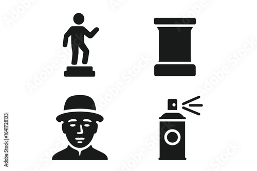 Living statue solid glyph icon set. Street performer and artist vector symbols. Includes human figure on a pedestal, mime face, and spray paint can for performance.