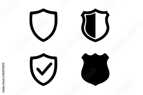 Set of 4 Black Security Shield Icons, Protection Symbols, Safety Emblems, Police Badge Shapes, Vector Illustration for Security and Safety Concept Design Elements