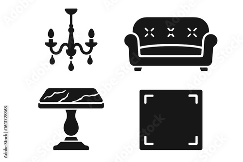 Luxury interior icon set. Solid glyph furniture symbols. Chandelier, classic sofa, marble table, carpet icons. Home decor vector elements for rich, elegant design.