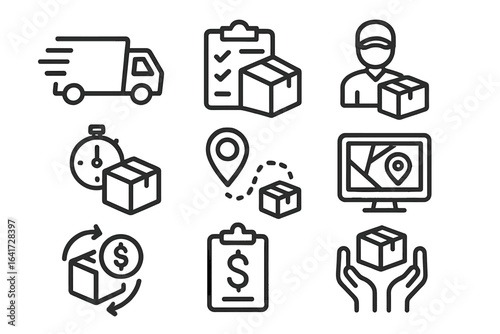 Shipping Service Icons for Web and Mobile App, Delivery, Logistics, Courier, Tracking, Refunds, Fast Shipping, Package Handling, Vector Illustration Transparent Background
