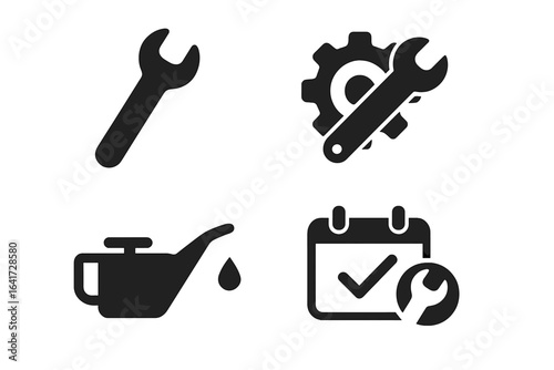 Maintenance and repair solid glyph icon set. Car service vector collection. Wrench, gear, oil can, and schedule symbols. Technical support and workshop pictogram.