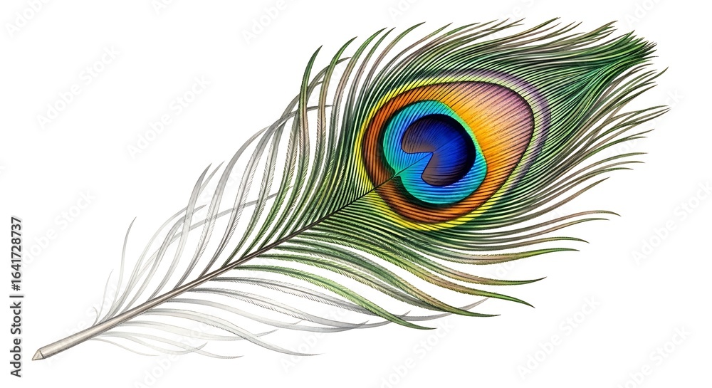 Obraz premium Peacock feather with eye pattern isolated on white background