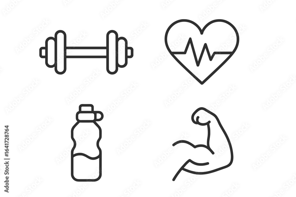 Sport and Fitness Set of 4 Line Style Icons for Gym, Health Care, Hydration, Strength, and Healthy Lifestyle. Vector Illustration on Transparent Background. Sport and Fitness Set of 4 Line Style Icons for Gym, Health Care, Hydration, Strength, and Healthy Lifestyle. Vector Illustration on Transparent Background.
