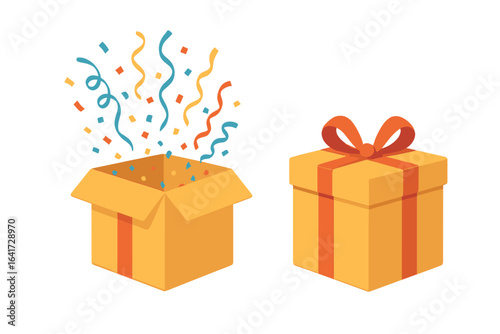 Surprise gift box with colorful confetti and ribbons, open and closed paper packaging, festive present concept, celebration decoration for web, UI, print design, emotional gift idea