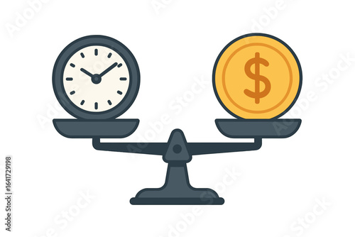 Concept of balancing time and money on scale, financial decision making, time management and cost efficiency, flat vector illustration on transparent background