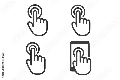 Touchscreen Finger Press Hand Vector Icons Set, 4 Hand Touch Screen Click Symbols, Smartphone Tap Gesture Illustration on Transparent Background