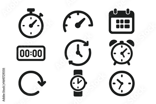 Time management concept with timer, speedometer, date, countdown, alarm clock, recovery clock, watch, and calendar icons for web and mobile app vector illustration on transparent background