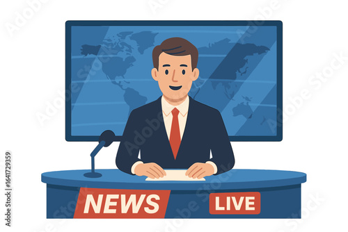 TV News Studio with Broadcaster, News Anchor Live on TV, Flat Design Vector Illustration, Global Map Background, Breaking News Broadcast Scene, Media and Journalism