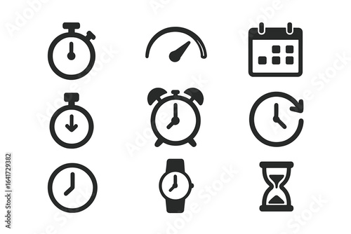 Time management concept with timer, speedometer, date, countdown, alarm clock, recovery clock, watch, and calendar icons for web and mobile app design, vector illustration