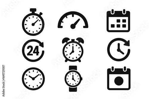 Time management icons collection: stopwatch, speedometer, calendar, 24-hour timer, alarm clock, countdown clock, wristwatch, date reminder, simple black vector symbols for web and mobile apps