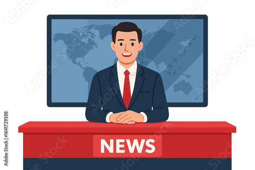 TV News Studio with Male Broadcaster, News Anchor on Television, Flat Design Vector Illustration, Modern Broadcast Set, Media Presentation, Global Map Background, Transparent Background