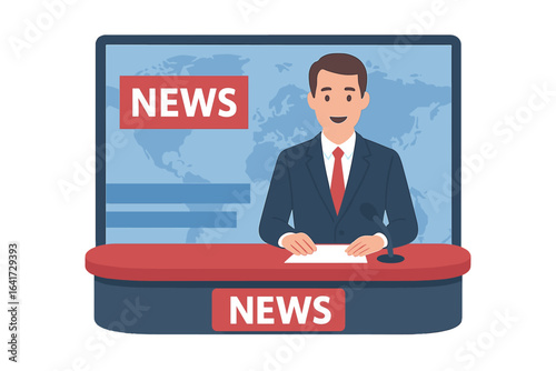 TV news studio with male broadcaster presenting news, news anchor on television, vector illustration in flat design, media communication, broadcast journalism, global news background