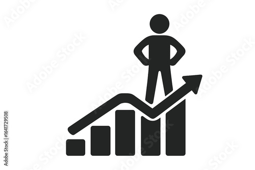 Business growth success concept with rising bar chart and confident person standing on top, financial progress, achievement, career development, upward trend