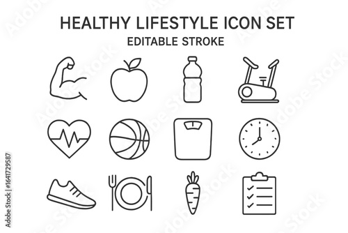 Healthy lifestyle icon set, fitness and wellness symbols, editable stroke vector illustration, health, nutrition, exercise, weight management, sports, healthy living concept