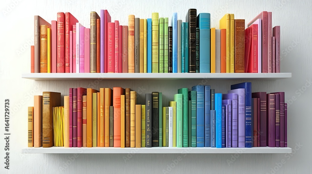 Fototapeta premium Colorful hardcover books arranged in rainbow order on white floating shelves against light wall, creating vibrant spectrum display for modern home library or bookstore.