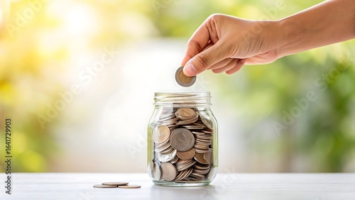 Hand adding coin to a glass jar overflowing with savings concept of personal finance and investment and retirement saving plans for the future