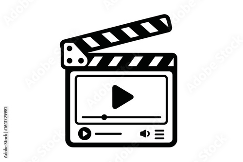 Video tutorial media player icon with clapperboard, online webinar training and education interface, video editor film production symbol, digital media control button