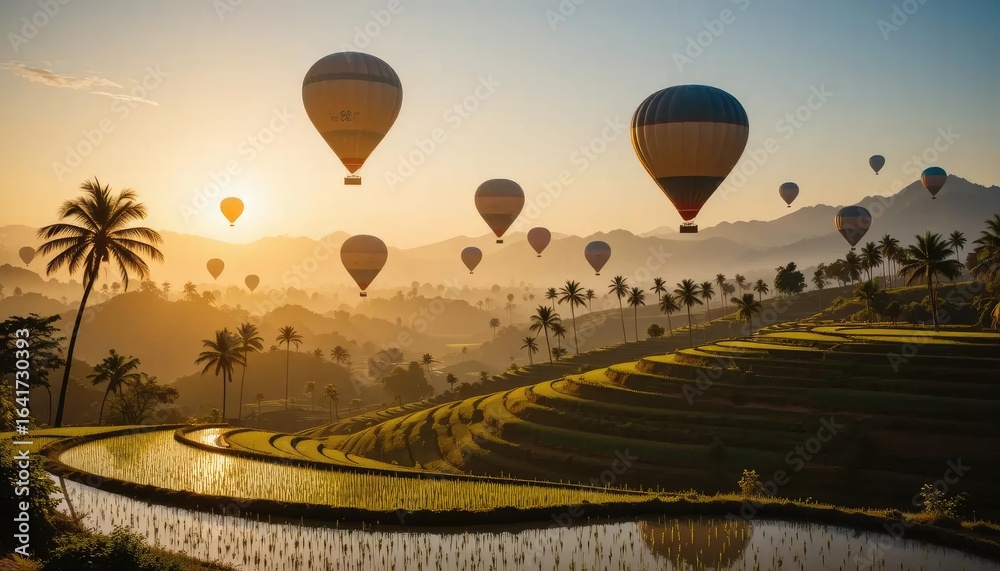 Obraz premium Colorful hot air balloons float in the sky, offering stunning views of the mountains and rice paddies as the sun rises.