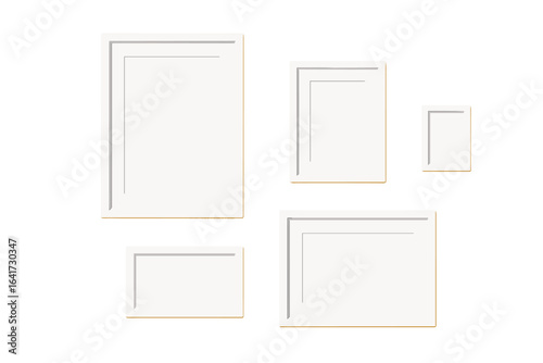 Minimalist white frames on vibrant yellow wall, blank gallery picture mockup, empty interior wall art display, simple design vector illustration with transparent background