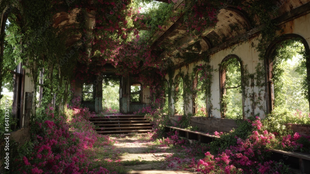 Obraz premium Overgrown Beauty in Abandoned Train Station Embraced by Lush Wildflowers and Vibrant Flora