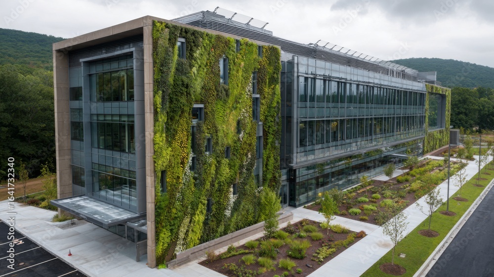 Obraz premium Modern Advanced Biotech Center with Green Walls and Solar Features Surrounded by Nature