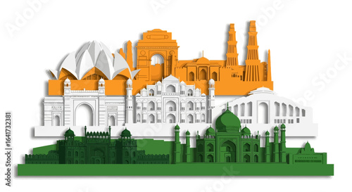 Indian landmarks and famous monuments skyline in the colors of the national flag. Vector illustration for travel,tourism, and patriotism.