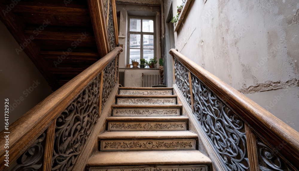 Obraz premium Beautifully crafted staircase with intricate railings invites visitors to ascend in a historic building filled with natural light