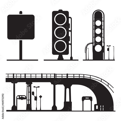 Vector art of collection of traffic lights, signs, and urban infrastructure including overpasses and bridges, isolated on white background