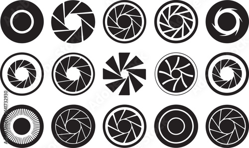 Aperture Icons Collection Depicting Camera Lens Opening in Black and White Vector Illustration for Photography Concepts and Graphic Design Projects