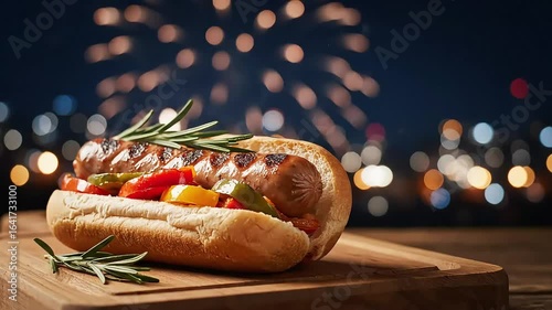Grilled sausage in a bun with colorful peppers on a wooden board, fireworks lighting up the night sky