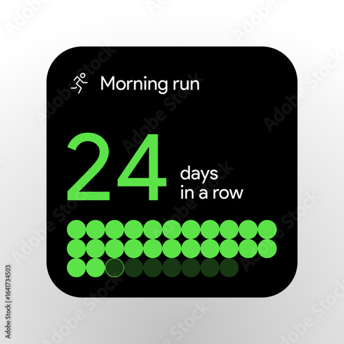 Daily run streak counter. Habit tracker interface with progress bar, steps goal and reward. Fitness or learning challenge milestone for mobile app. Health dashboard Dark UI. Vector illustration.