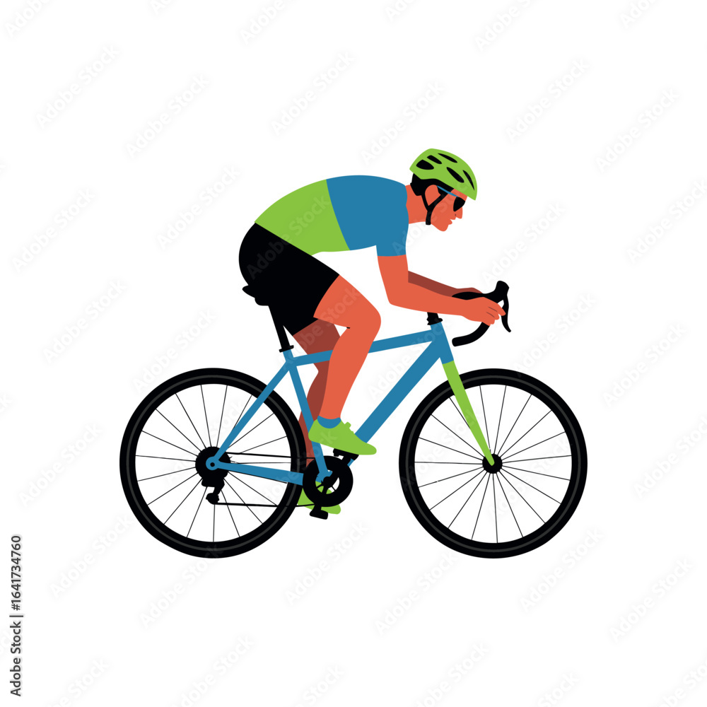 Obraz premium Cyclist in green blue jersey and helmet riding a blue bicycle cycling road bike
