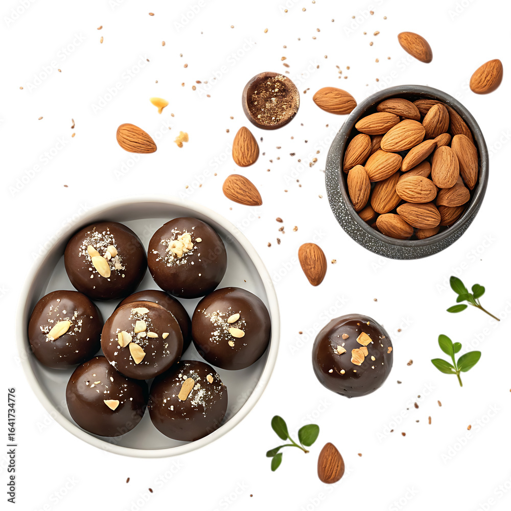 Fototapeta premium Gourmet chocolate truffles and almonds isolated on transparent background