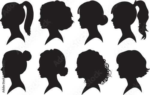 Diverse Female Hair Style Silhouettes Vector Illustration Featuring Elegant Ponytails Buns and Curly Hair Profiles