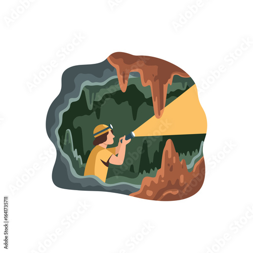 Person with flashlight exploring a dark cave with stalactites and stalagmites exploration spelunking