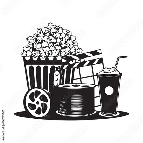 Vector art of movie night illustration with popcorn, drink, clapperboard and film reel isolated on white background