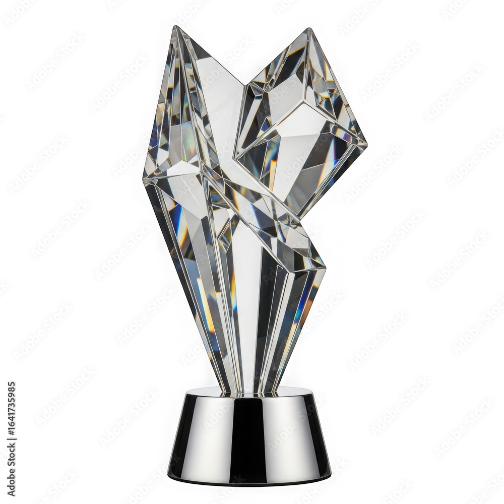 Obraz premium Elegant crystal sculpture on a silver pedestal showcasing modern geometric design and brilliant reflections isolated on transparent background