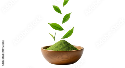 Green tea leaves falling into matcha powder bowl isolated on transparent background
