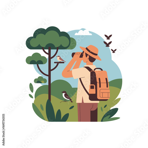 Person with binoculars observing birds in a natural landscape illustration birdwatching nature