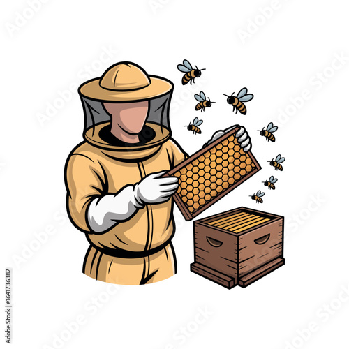 Beekeeper in protective suit holding honeycomb frame with bees and hive beekeeping