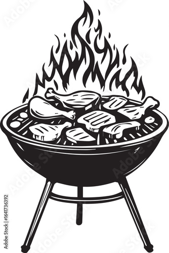 Backyard barbecue grill with flaming chicken and steaks in black and white illustration.
