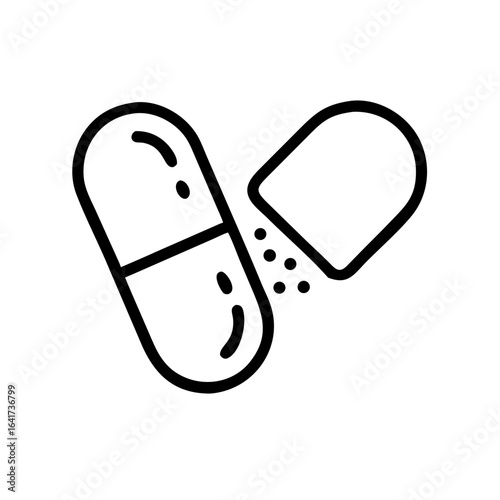 Pill capsule breaking open with powder spilling out in line art style  